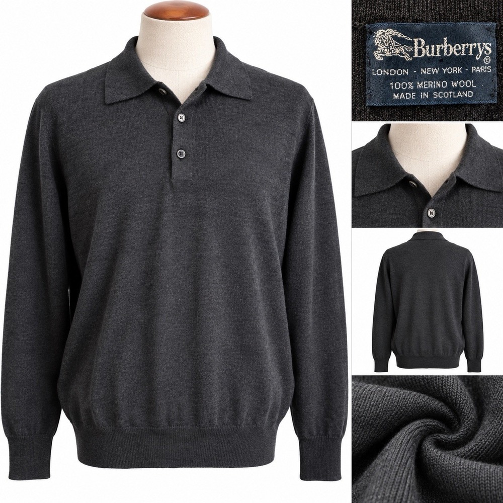 Vintage Burberrys Men's 100% Merino Wool Polo Sweater Sz L Scotland Dark Gray